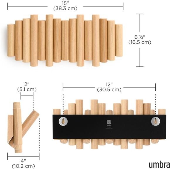 5 Hooks, Wall-Mounted Rail, Doubles as Art, Beveled Pine Wood - Picture 3 of 7